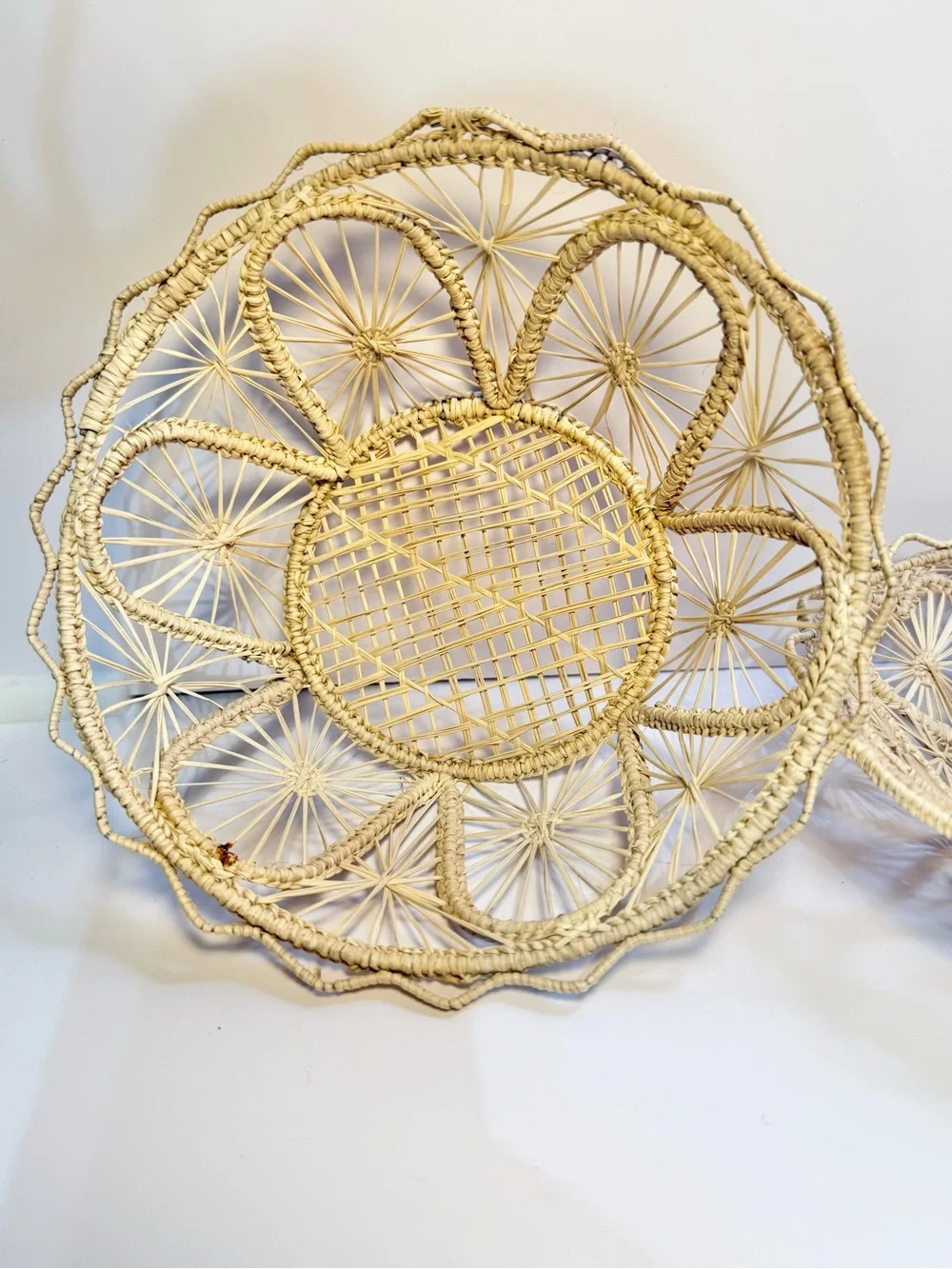Vintage Cream Woven Rattan Decorative Bowls set of 3 folk art bohemian